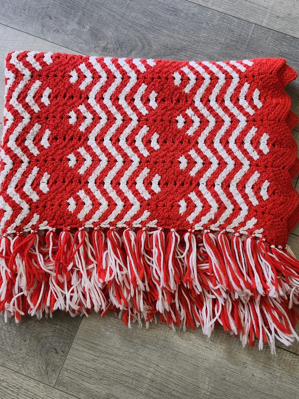 Vintage Handmade Crochet Blanket Red White Afghan Throw 64x43 Fringe Retro